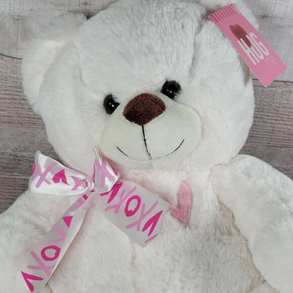 White Teddy Bear Plush Bear Dan Dee Pink Heart Paws Bow Stuffed Animal Valentine - Picture 6 of 9